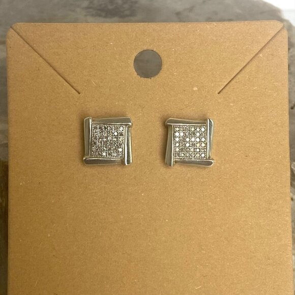 Sterling Silver 925 JTW Multistone Pave Round Diamond Square Stud Post Earrings - Picture 1 of 16